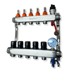 Komfort+ 5 Port Underfloor Heating Manifold C/W Pressure Gauge, AAV and Drain Valves